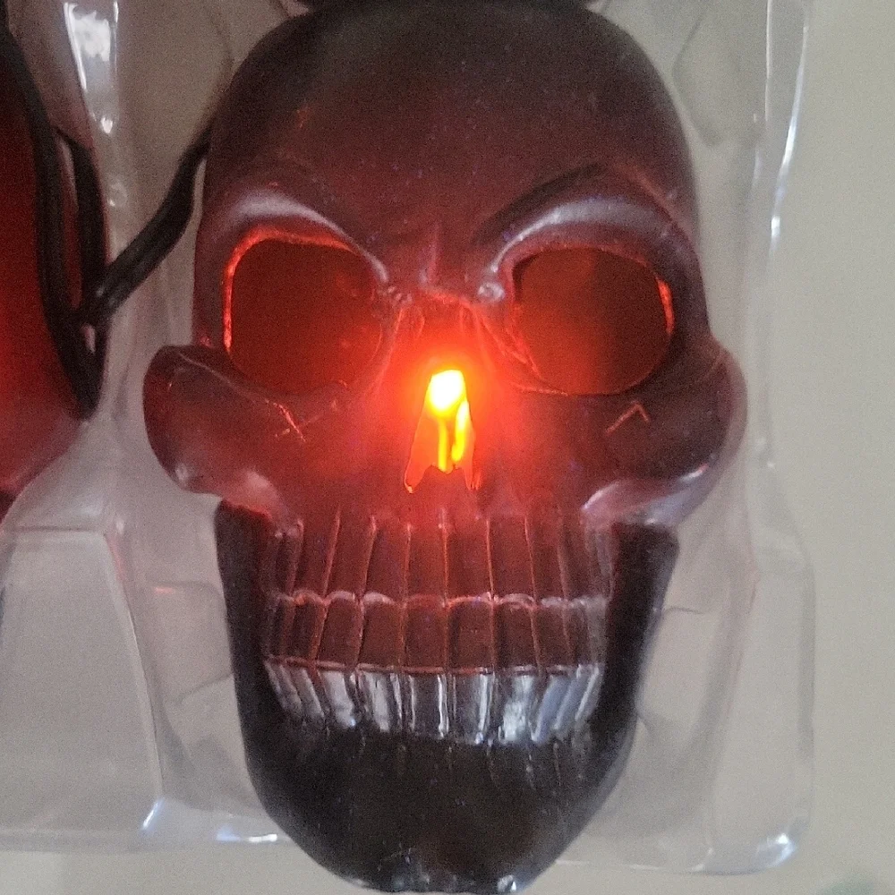 Vintage Halloween Lights Gothic Biker BIG Skull String Orange Flicker Bulbs